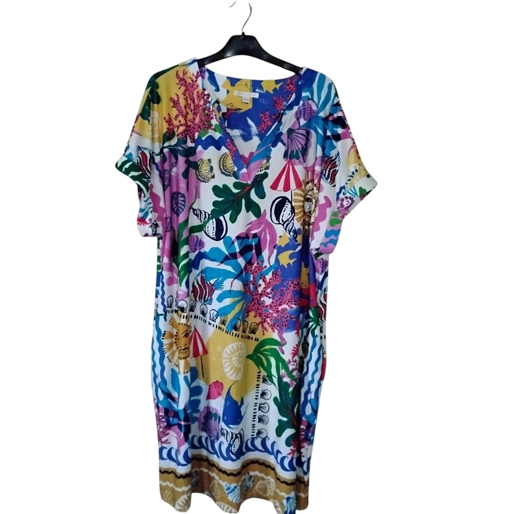 Cato Tropical Beach Print V-Neck Shift Dress Multi-Color Nautical Size 18/20W